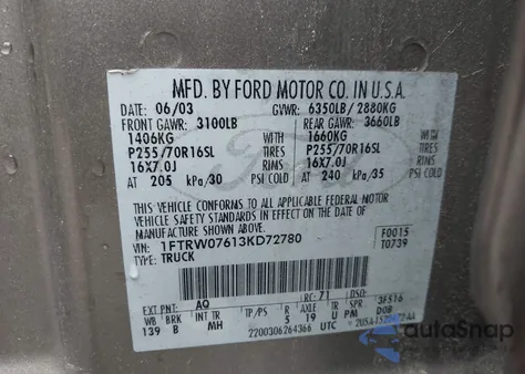 2003 Ford F-150 Lariat/Xlt from USA, damaged, VIN 1FTRW07613KD72780